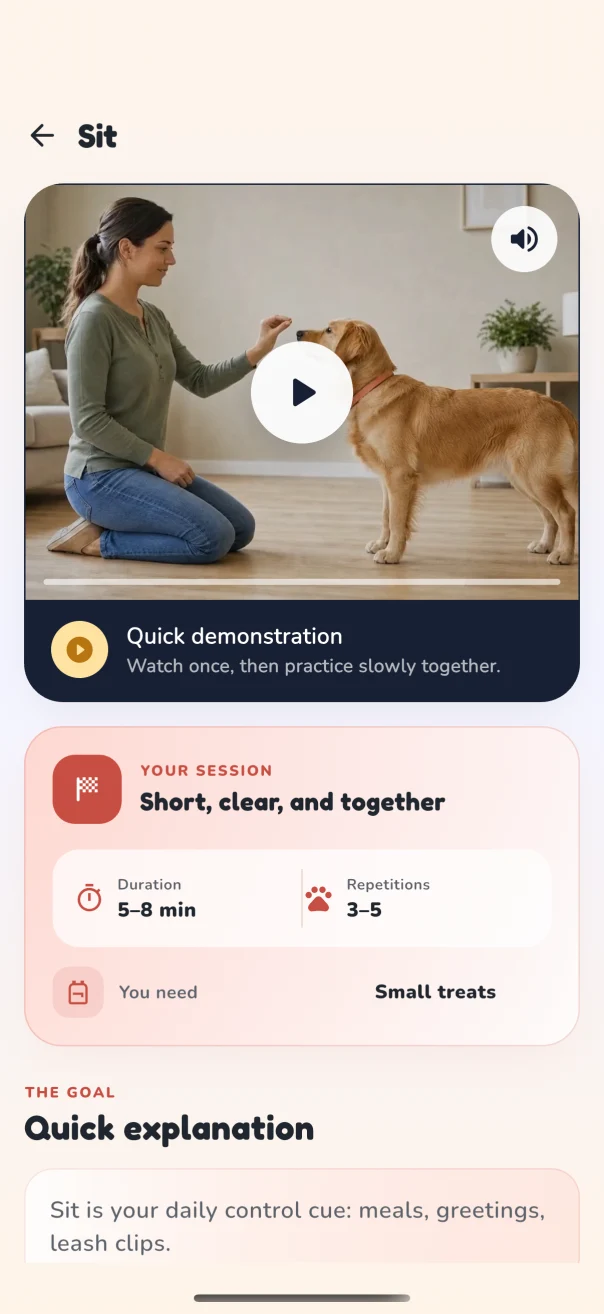 DogPath Sit lesson view with demonstration area and a short-session preparation panel