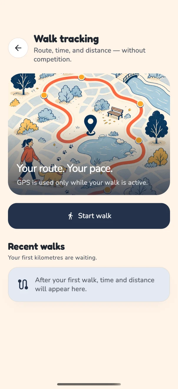 DogPath walk-tracking screen showing a start-walk control and recent-walk area