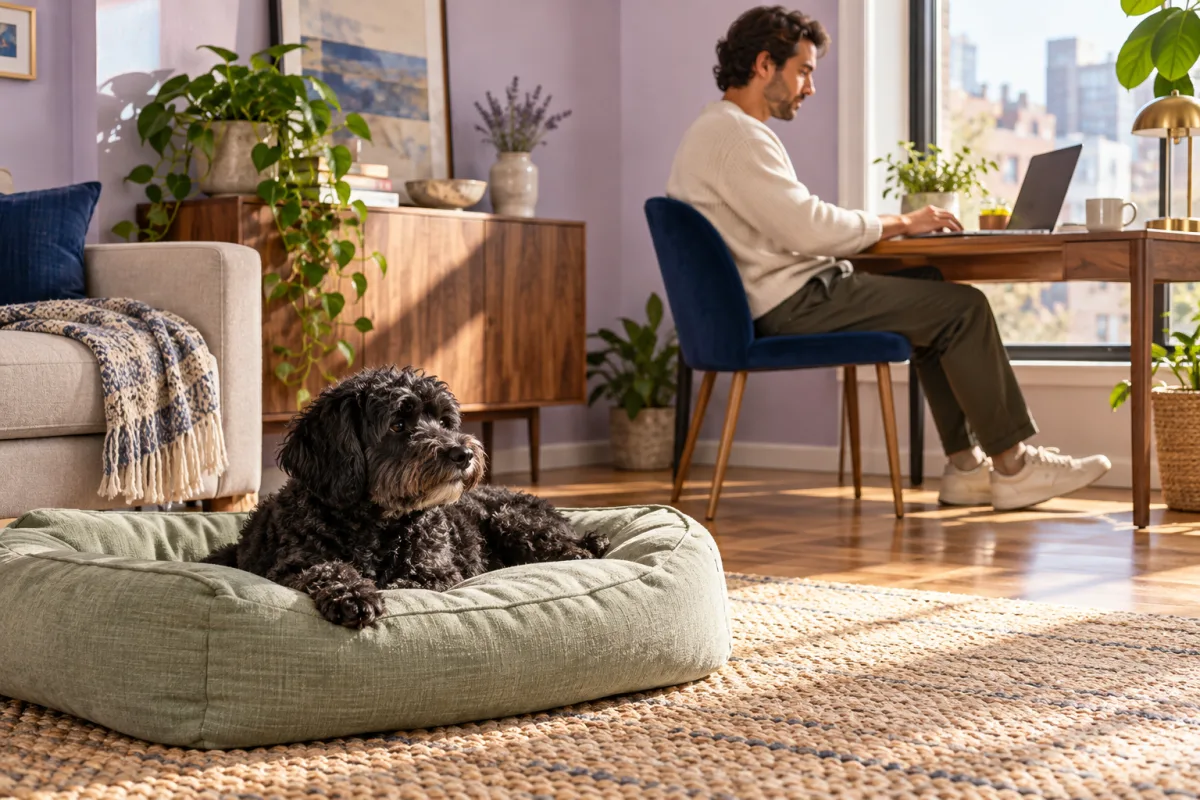 A dog resting freely near a person working at a compact desk