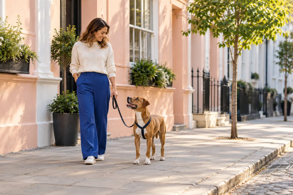 A handler and a harnessed dog standing together on a quiet city pavement