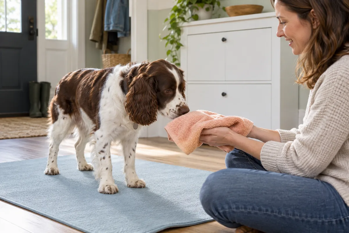 A spaniel freely investigating a towel held quietly by a seated adult