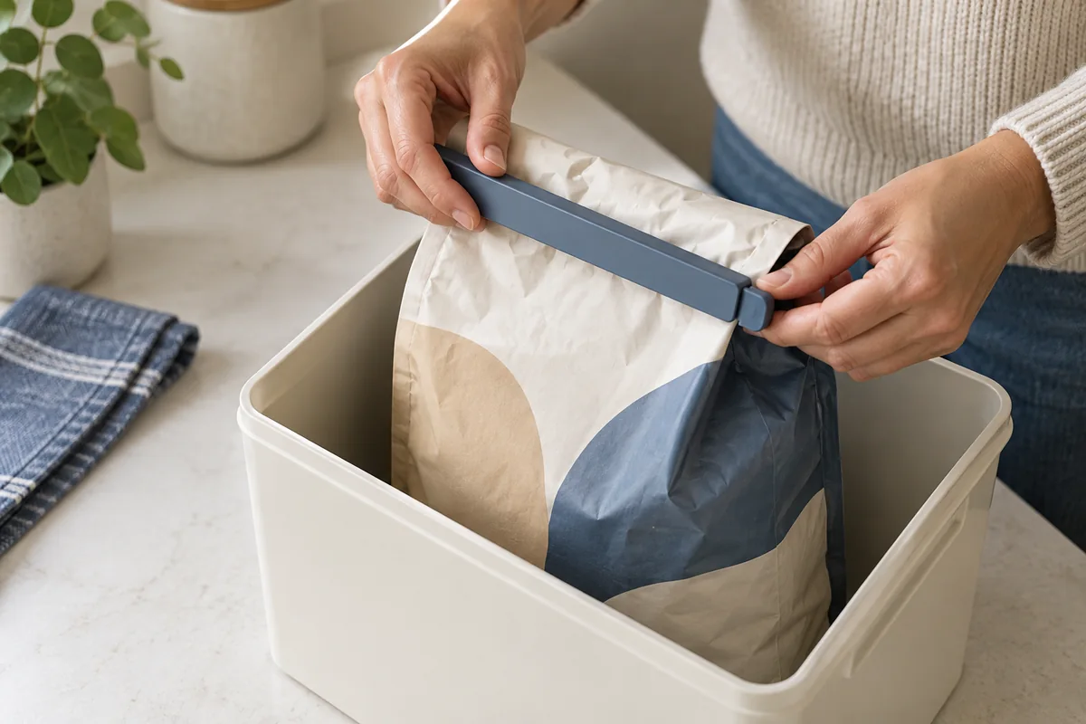 Unas manos adultas cierran con una pinza la bolsa original de alimento dentro de un recipiente limpio.