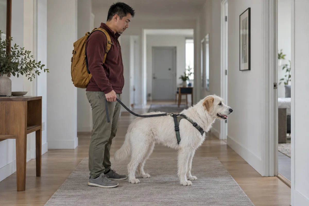 An adult wearing a backpack beside a white dog on a visibly attached ordinary slack lead in a clear hallway