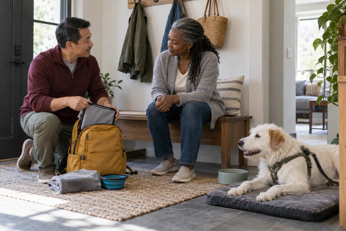 Two adults discussing a backpack and document pouch while a dog rests separately with water nearby