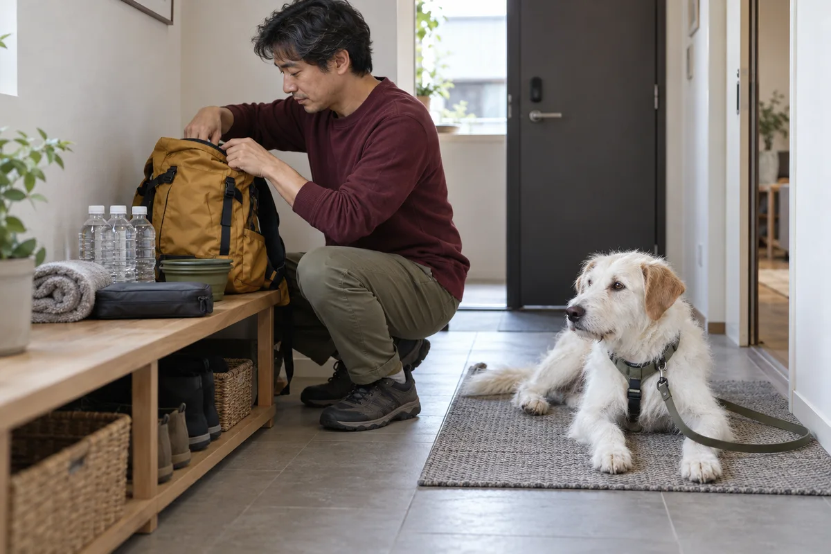 An adult packs an ochre backpack at a clear entry bench while a large white dog rests nearby