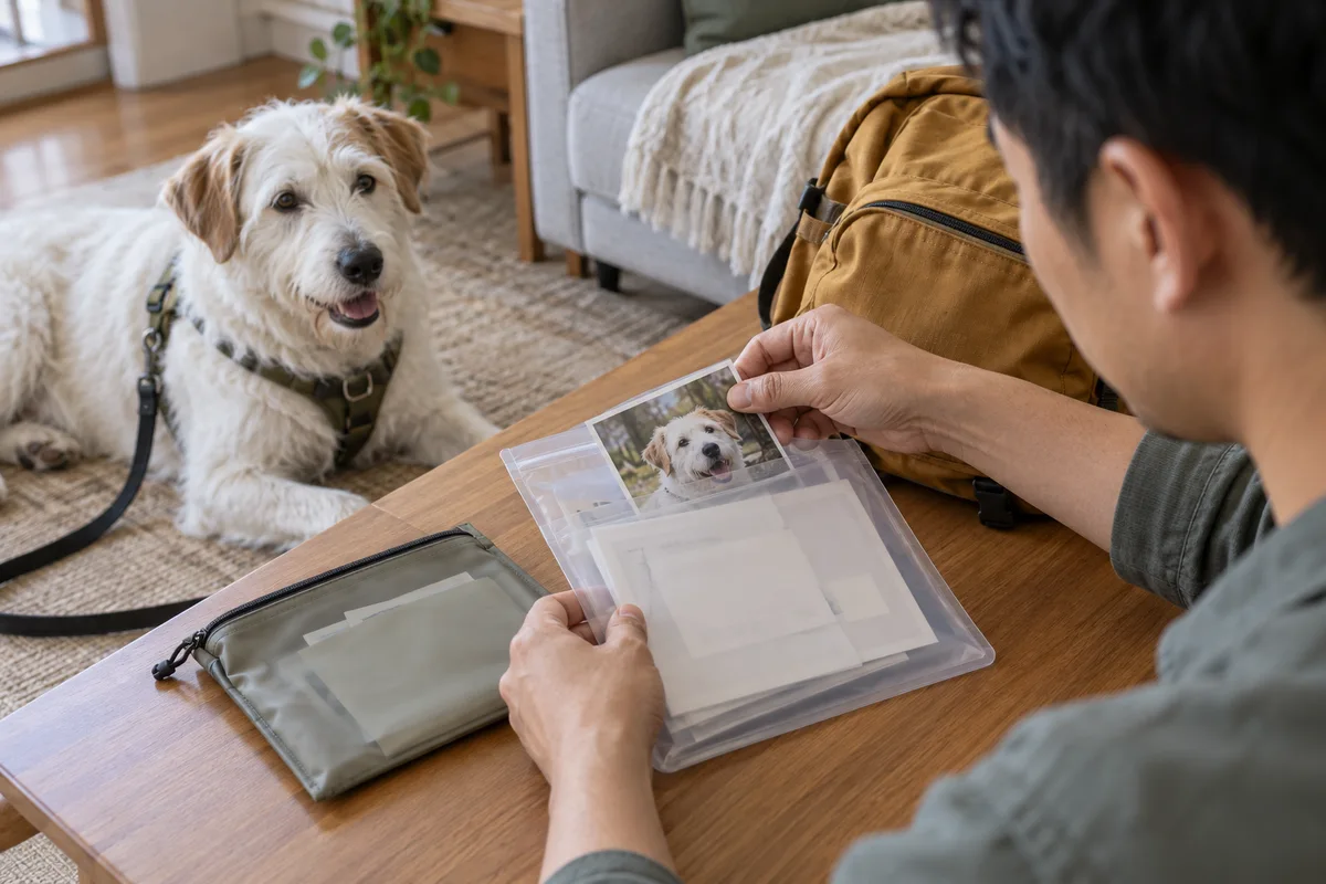 Adult hands protecting a recent dog photograph and indistinct papers in a document sleeve