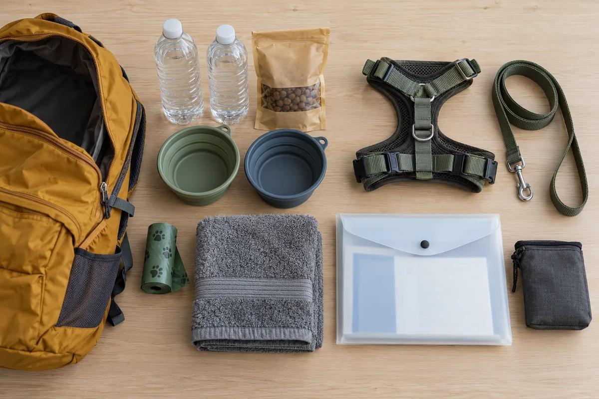 Grouped drinking water, a sealed food pouch, bowls, harness, lead, towel and document sleeve beside a backpack