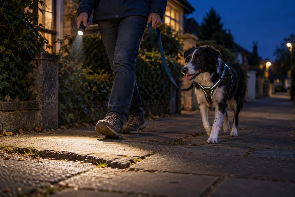A handler holds a slack attached leash and points a torch at the pavement ahead