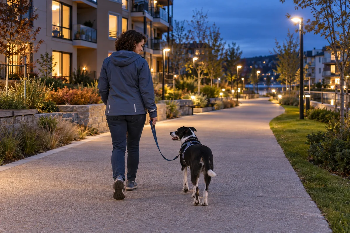 An adult woman and a harnessed black and white dog walking on a broad lit residential path at dusk