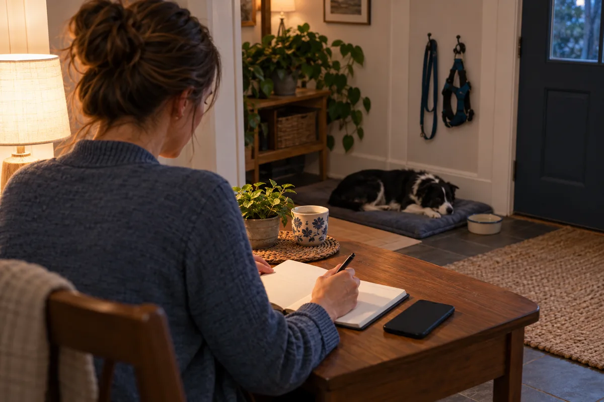 An adult writes in a notebook after the walk while the dog rests freely nearby