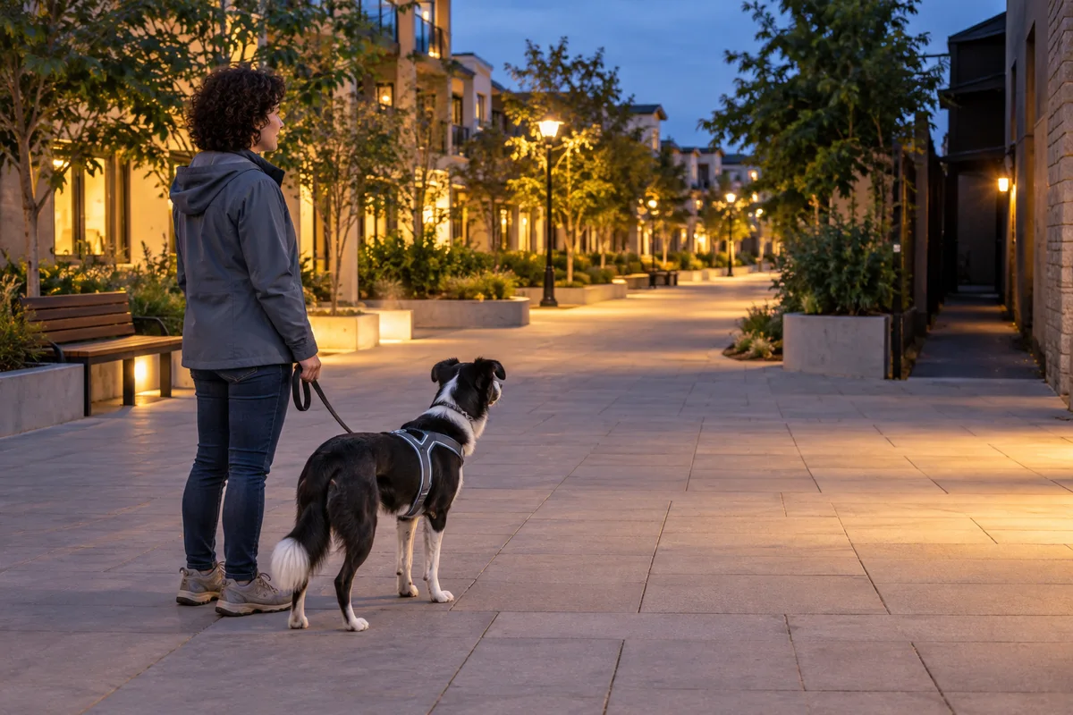 A handler and a securely leashed dog pause on a broad lit path with a darker alley to one side