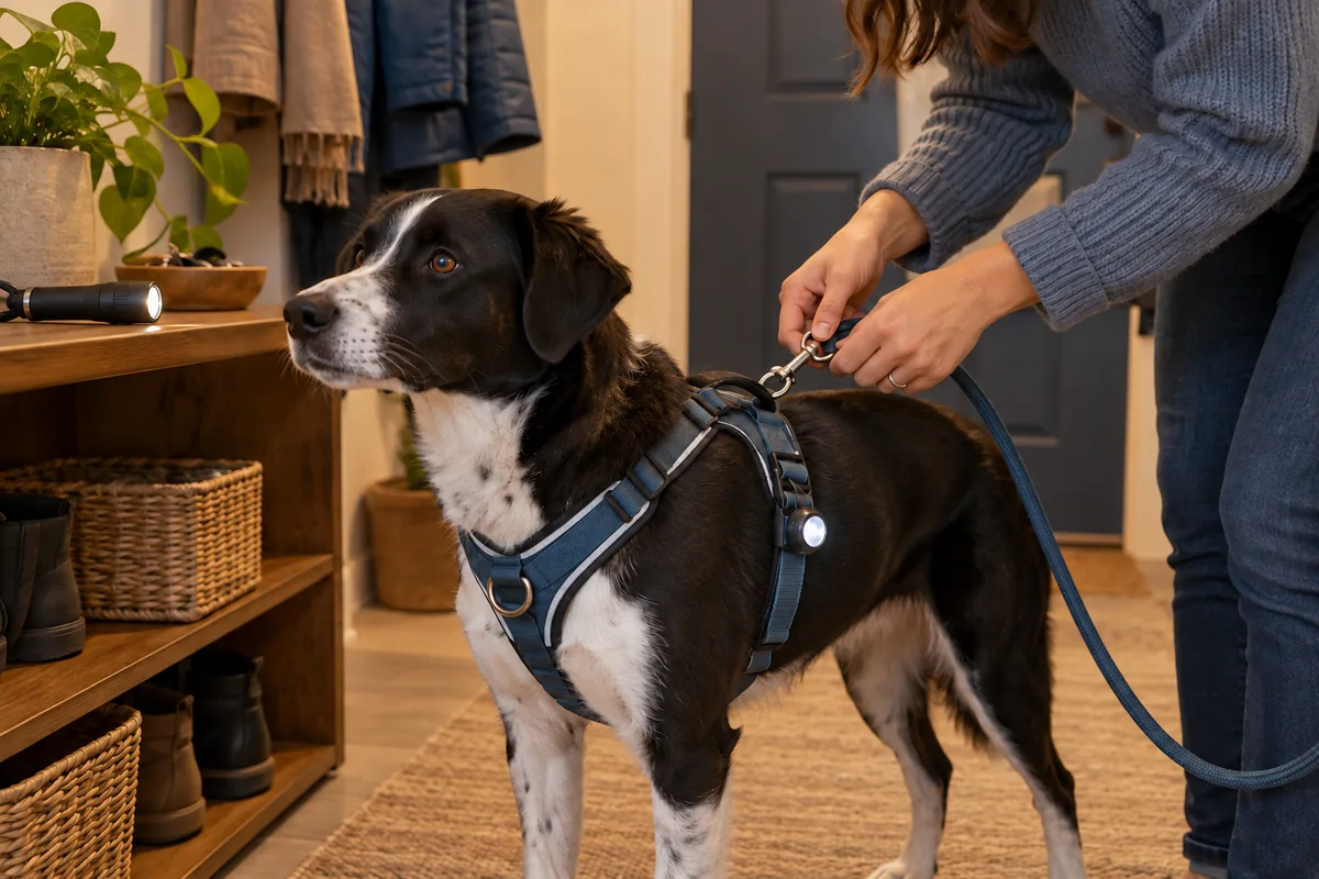 Adult hands checking a leash clip on a reflective body harness in a well-lit entryway