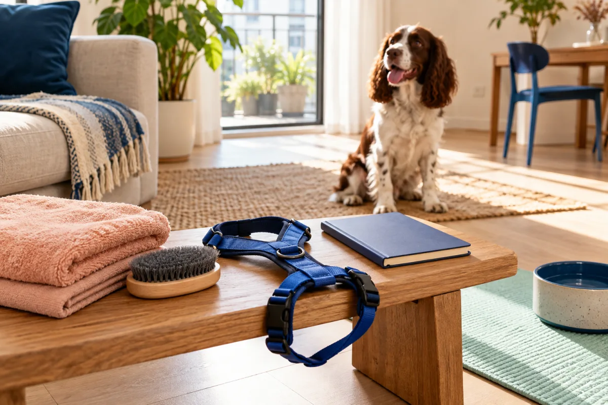 Towels, brush, harness and notebook arranged before a care rehearsal