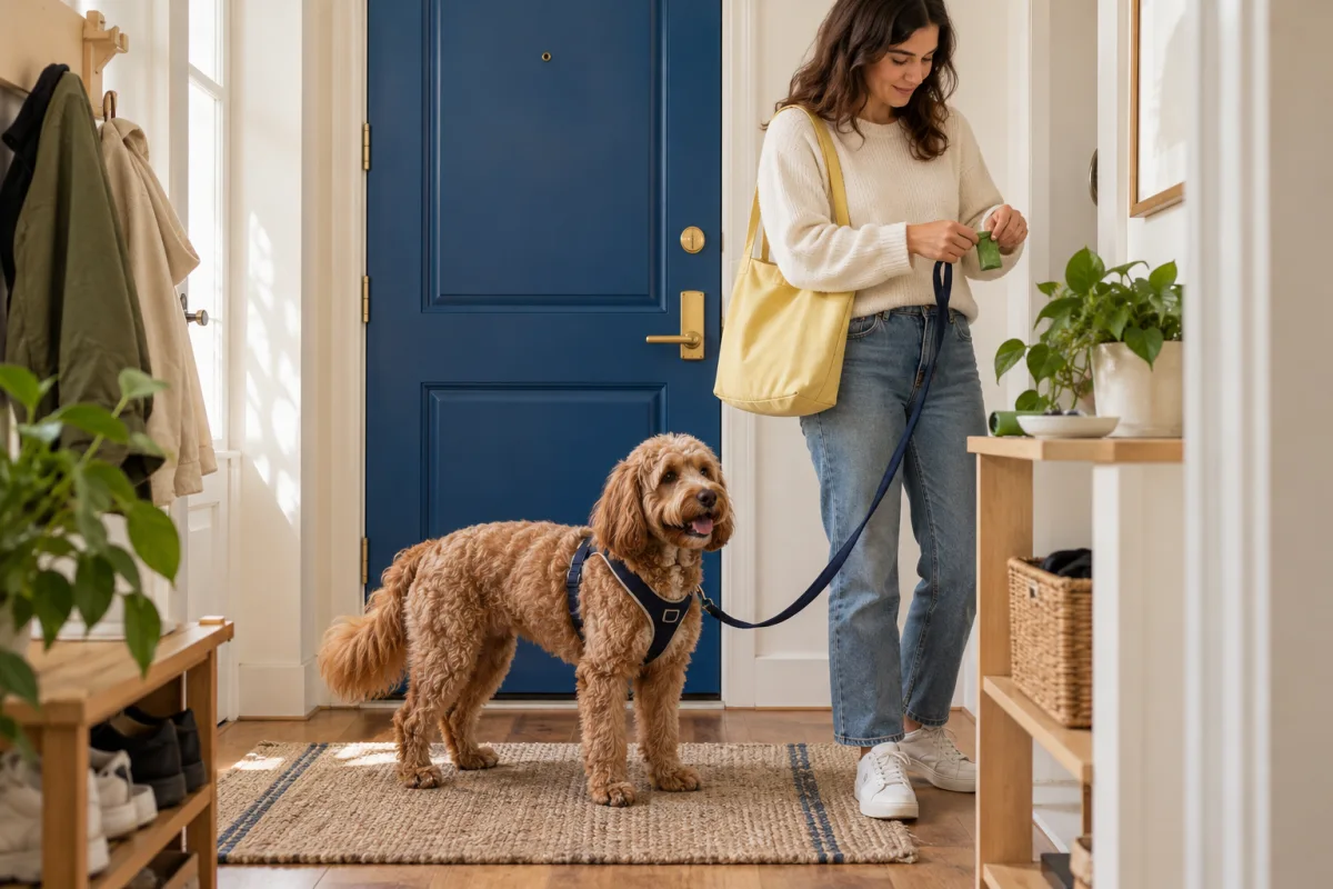 A woman preparing supplies beside a harnessed dog at a closed apartment door