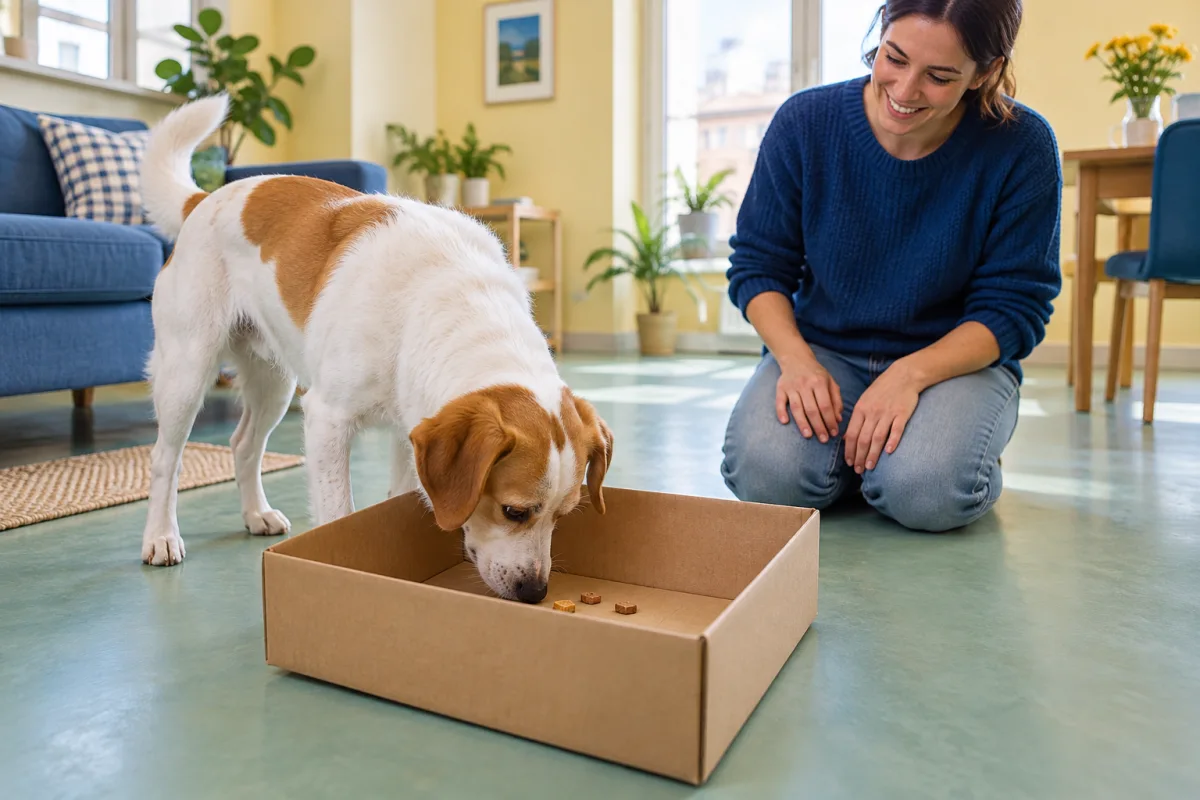 A dog sniffing visible food in one open box while an adult supervises