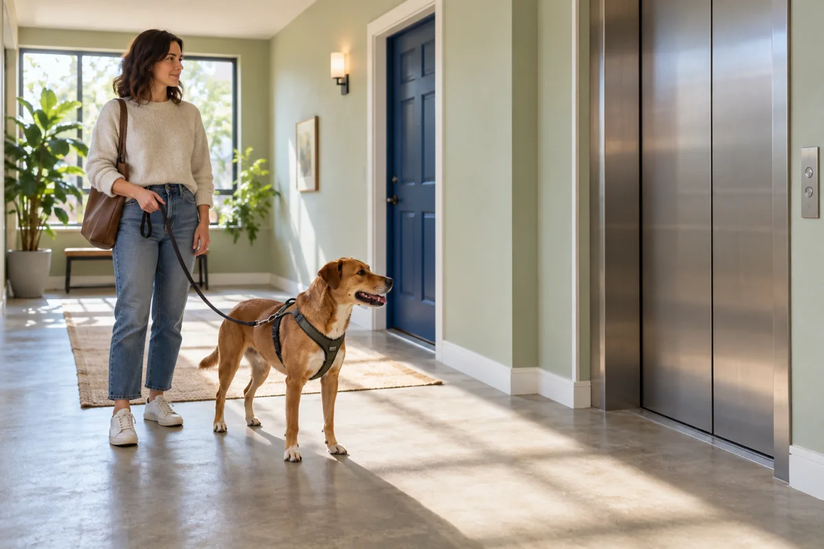 A securely harnessed dog and handler waiting away from a closed elevator