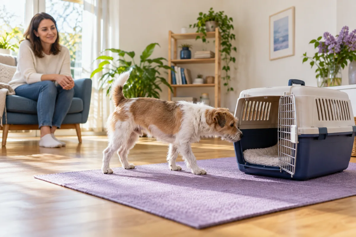 A small dog freely investigating a stable carrier with its entrance open