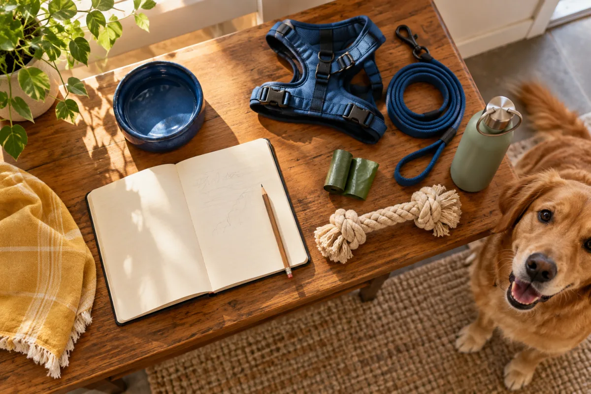 A notebook, leash and outing supplies arranged on an entry table