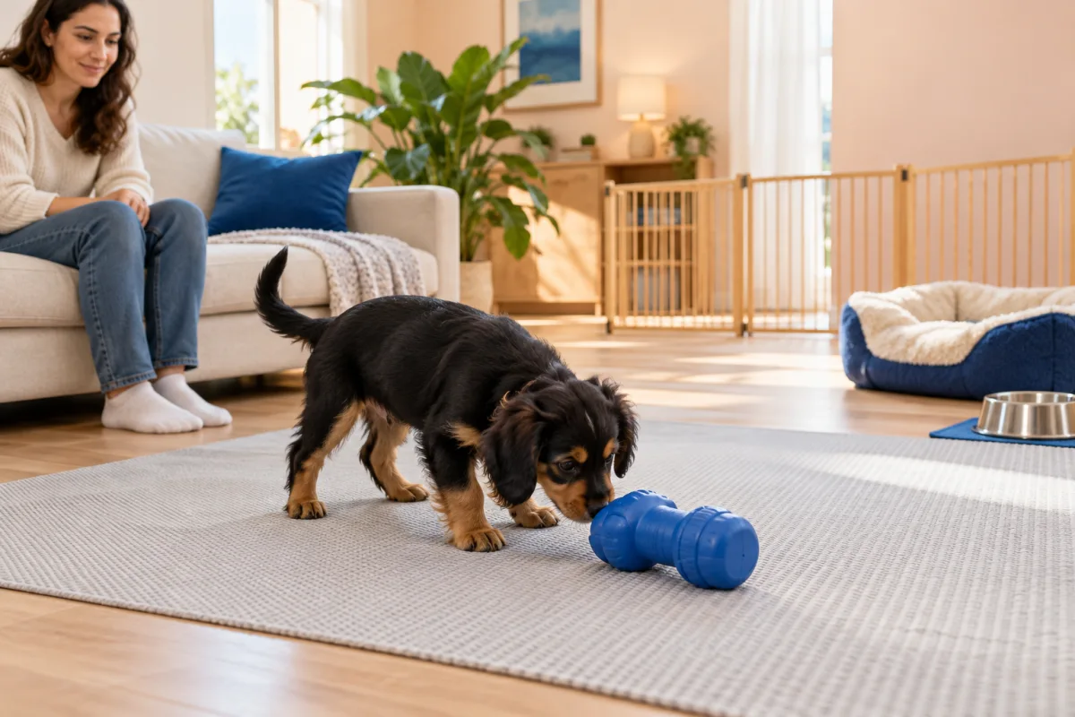 A puppy exploring a sturdy toy on a clear nonslip mat under supervision