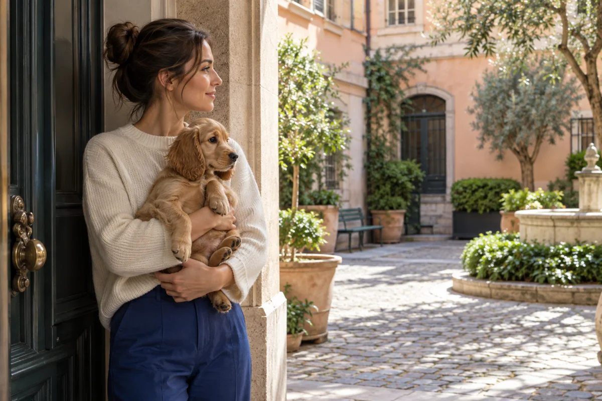 An adult securely supporting a puppy while observing a quiet courtyard