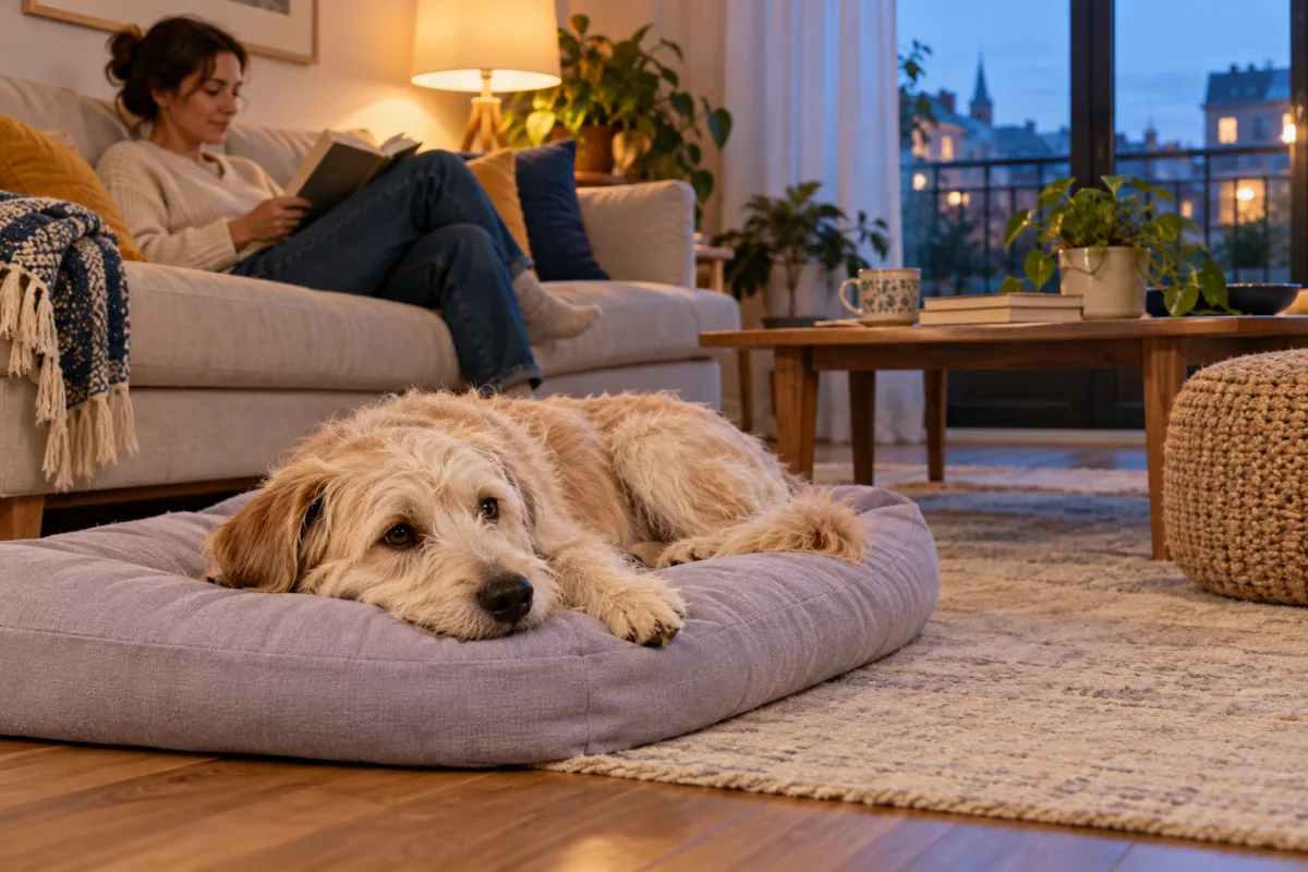 A scruffy dog resting on a lavender bed while a person reads nearby