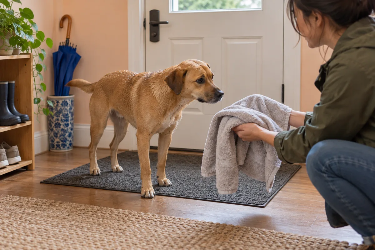 A dog standing freely on an entry mat while an adult offers an open towel