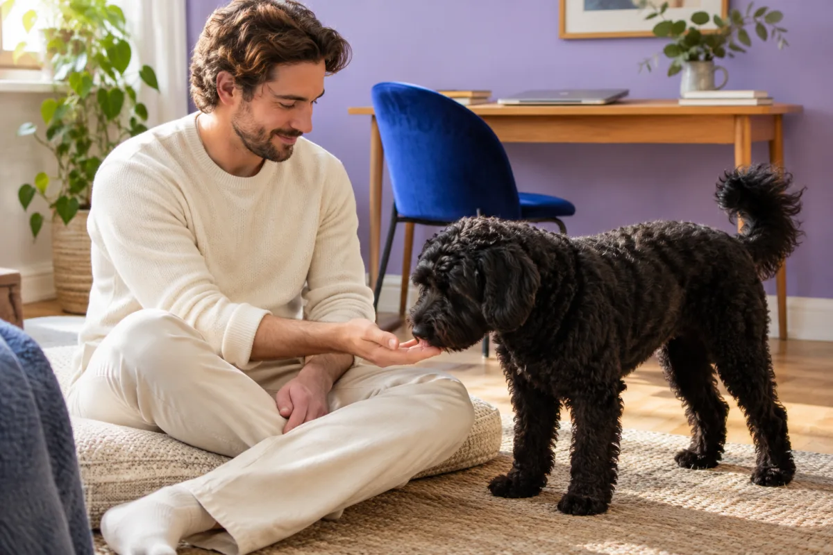 An adult taking a quiet work break with a dog free to approach or leave