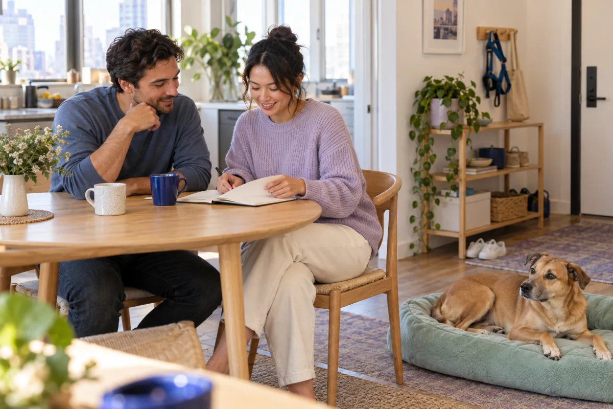 Two adults reviewing a notebook while a dog rests freely nearby