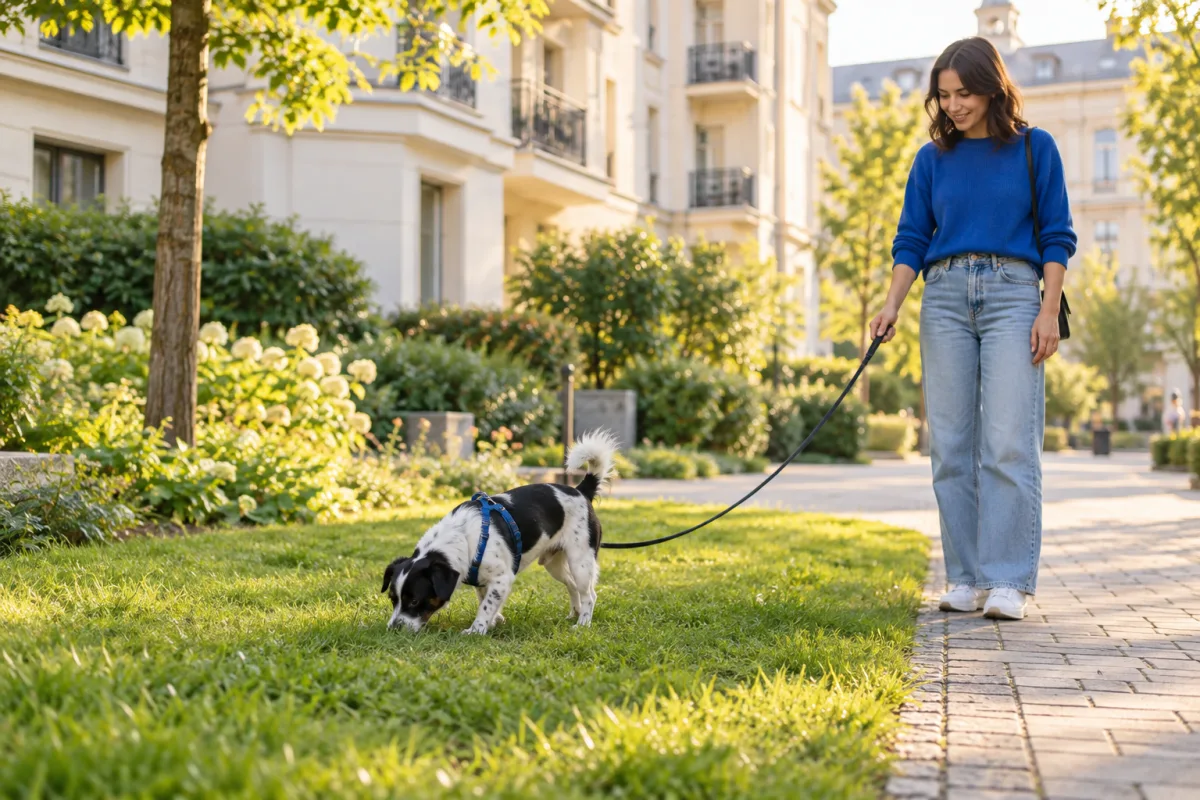 A harnessed black and white dog sniffing grass while the handler holds a slack leash