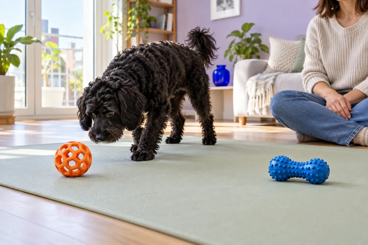 A black curly dog investigating two familiar toys with an adult nearby