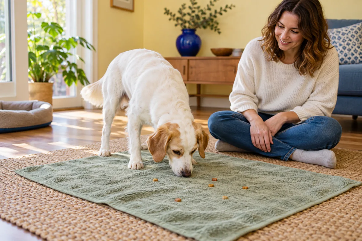 A dog investigating an easy supervised search on a flat towel