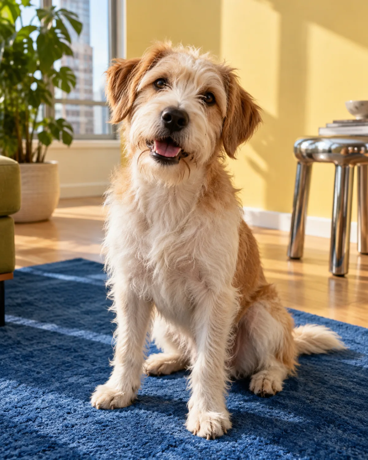 A curious scruffy dog sitting comfortably on a blue rug at home