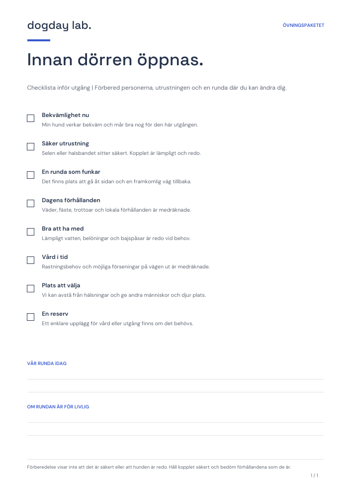 Förhandsvisning av den utskrivbara checklistan inför utgång