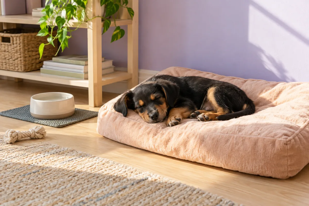 A sleepy black and tan puppy curled on a soft bed in a quiet home